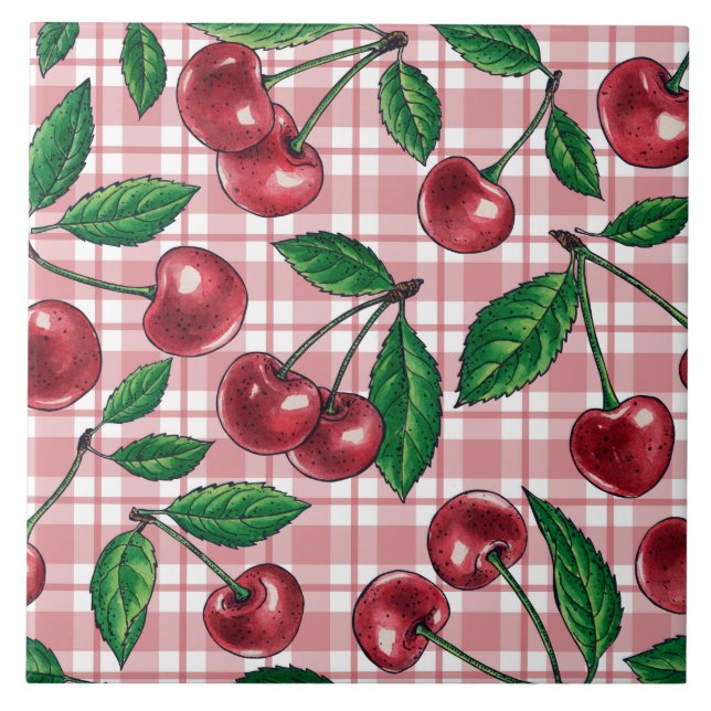 Red cherries on pink gingham ceramic tile (Front)