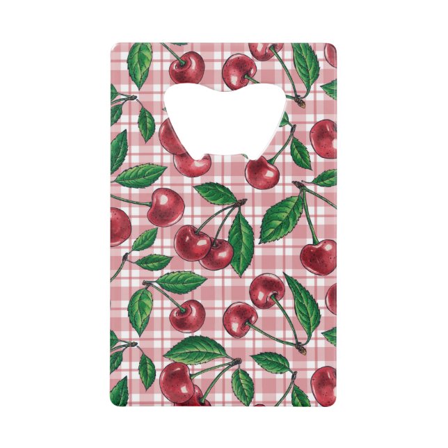 Red cherries on pink gingham credit card bottle opener (Front)