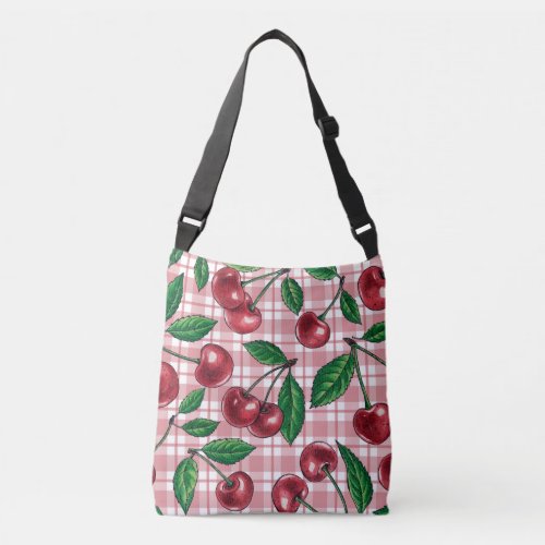 Red cherries on pink gingham crossbody bag