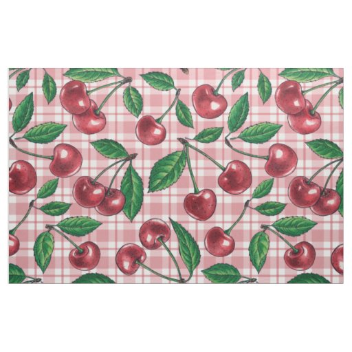 Red cherries on pink gingham fabric