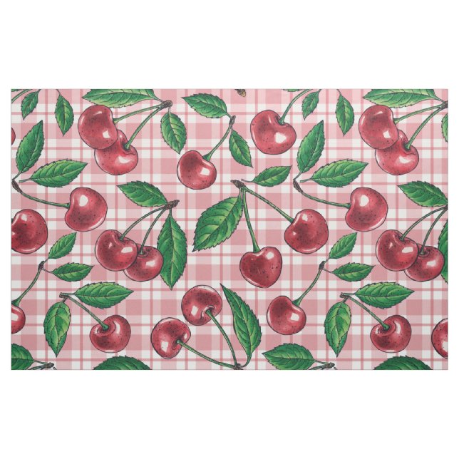 Red cherries on pink gingham fabric (Fat Quarter)