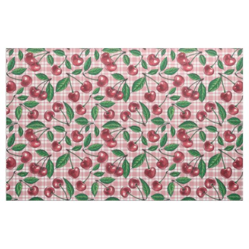 Red cherries on pink gingham fabric