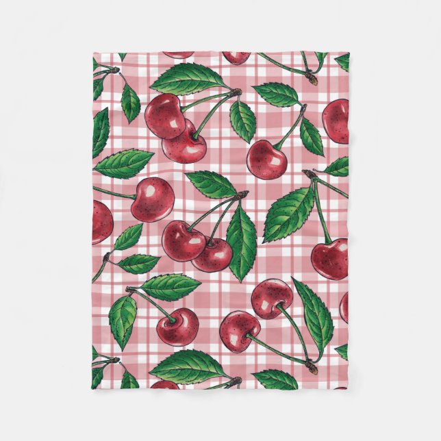 Red cherries on pink gingham fleece blanket (Front)