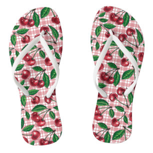 Red cherries on pink gingham flip flops