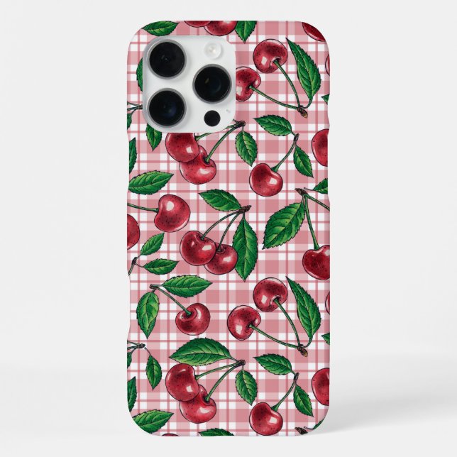 Red cherries on pink gingham iPhone case (Back)
