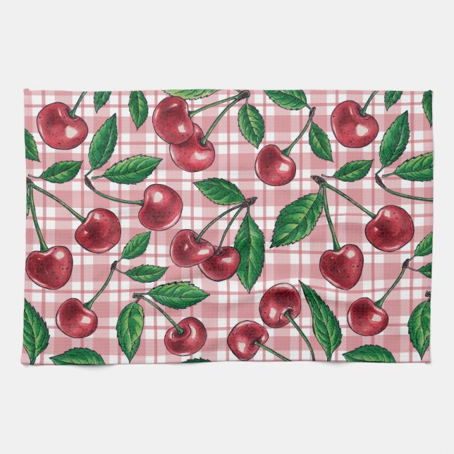Red cherries on pink gingham kitchen towel (Horizontal)