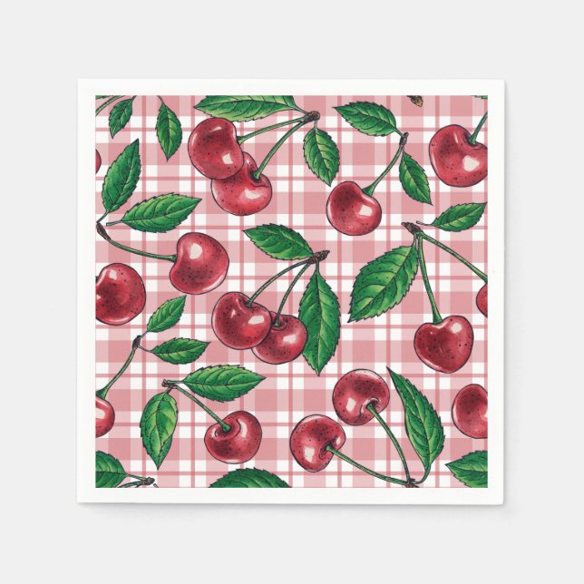 Red cherries on pink gingham napkins (Front)