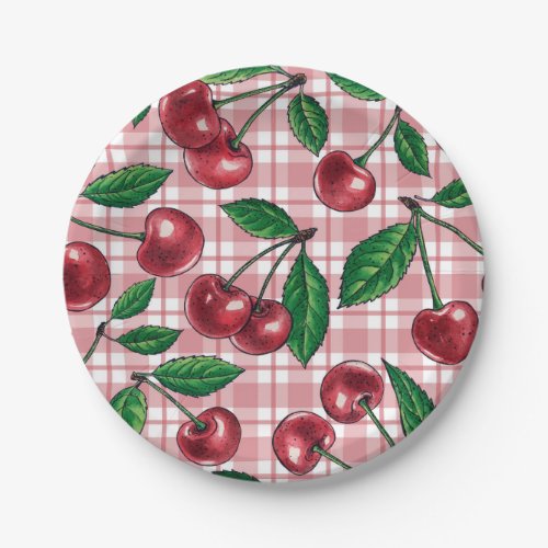 Red cherries on pink gingham paper plates