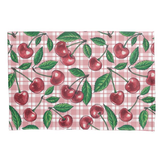 Red cherries on pink gingham pillow case (Front-Left)