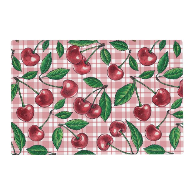 Red cherries on pink gingham placemat (Front)