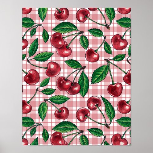 Red cherries on pink gingham poster