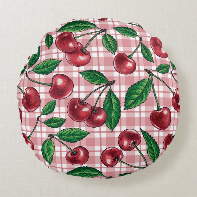 Red cherries on pink gingham round pillow (Front)