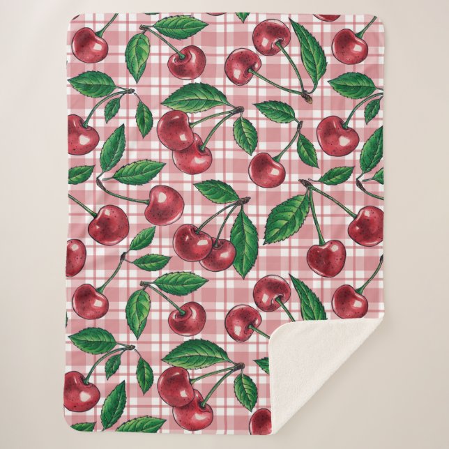 Red cherries on pink gingham sherpa blanket (Front)