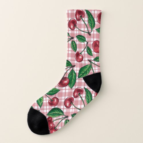 Red cherries on pink gingham socks