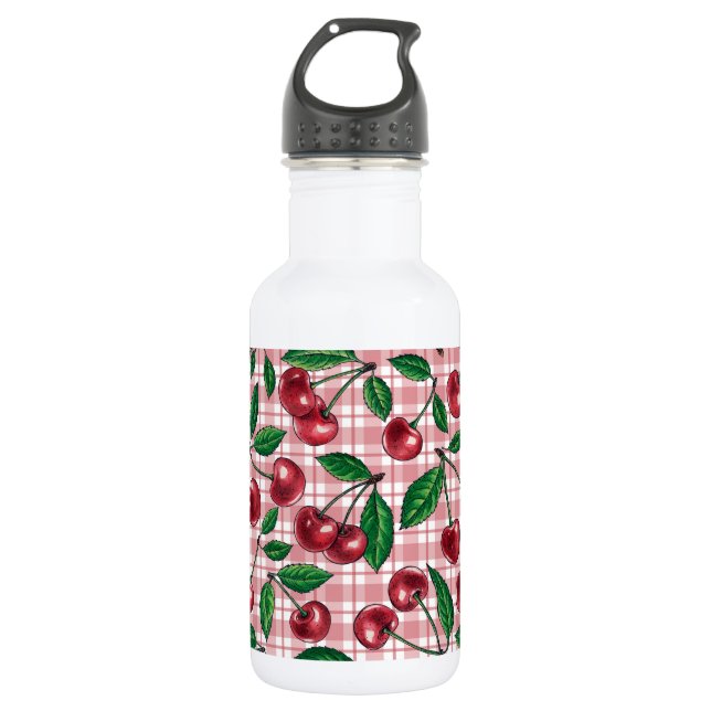 Red cherries on pink gingham stainless steel water bottle (Front)