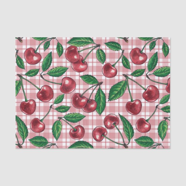 Red cherries on pink gingham tissue paper (Front)
