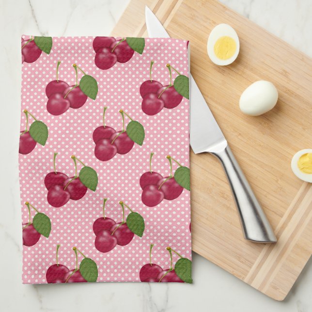 Red Cherries on Pink with White Dots Cute Kitchen Towel (Quarter Fold)