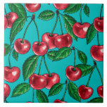 Red cherries on turquoise ceramic tile<br><div class="desc">Hand painted cherry fruit,  watercolor and ink pattern</div>