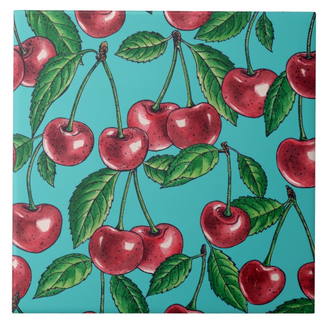 Red cherries on turquoise ceramic tile (Front)