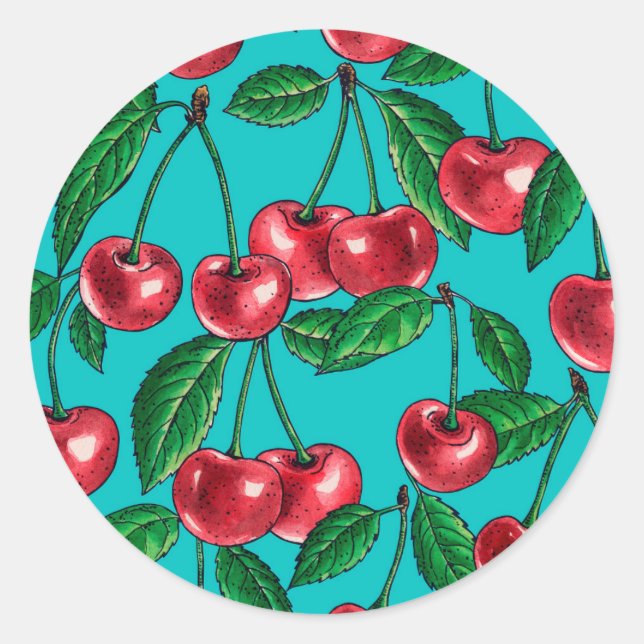 Red cherries on turquoise classic round sticker (Front)