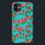 Red cherries on turquoise iPhone 11 case<br><div class="desc">Hand painted cherry fruit,  watercolor and ink pattern</div>