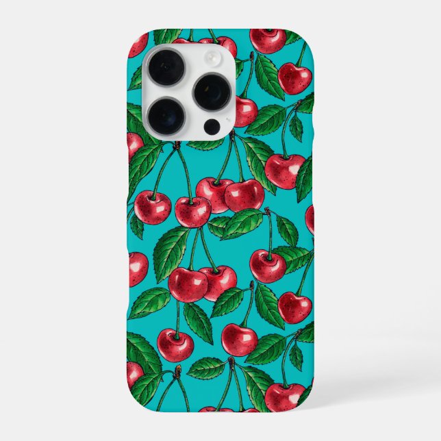 Red cherries on turquoise iPhone case (Back)