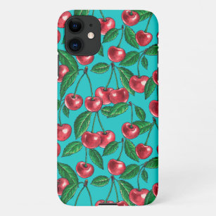 Red cherries on turquoise iPhone 11 case