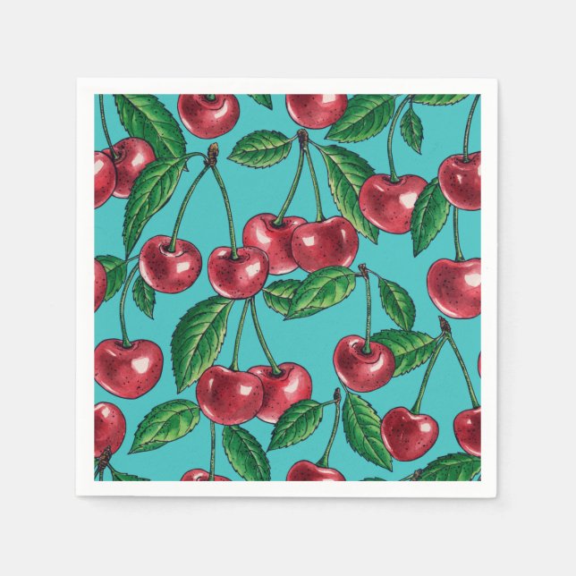 Red cherries on turquoise napkins (Front)
