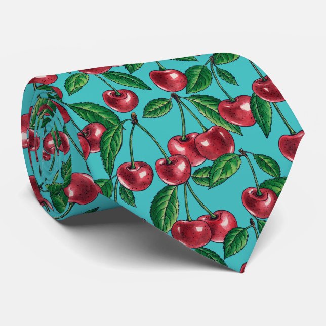 Red cherries on turquoise neck tie (Rolled)