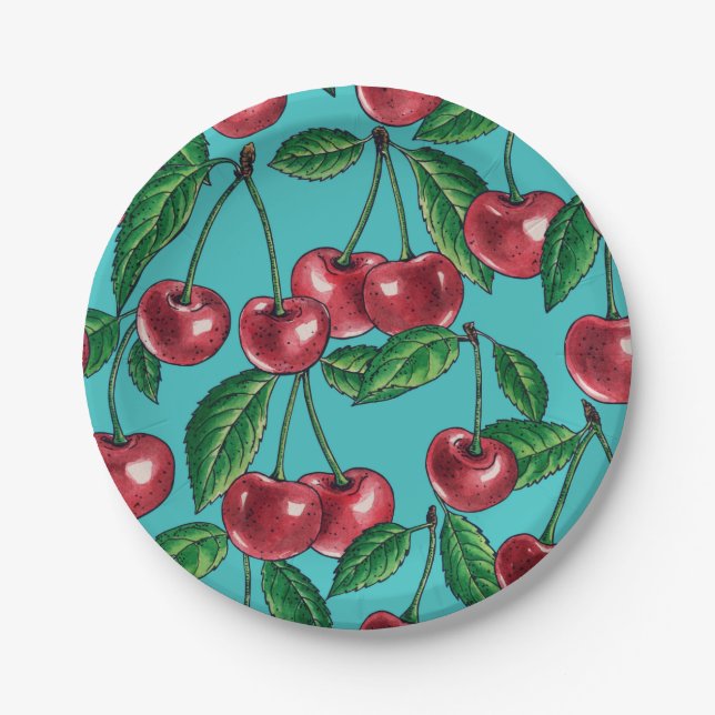 Red cherries on turquoise paper plates (Front)