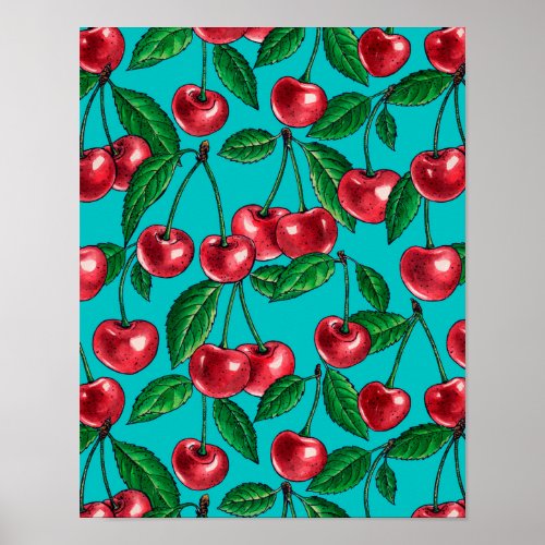 Red cherries on turquoise poster