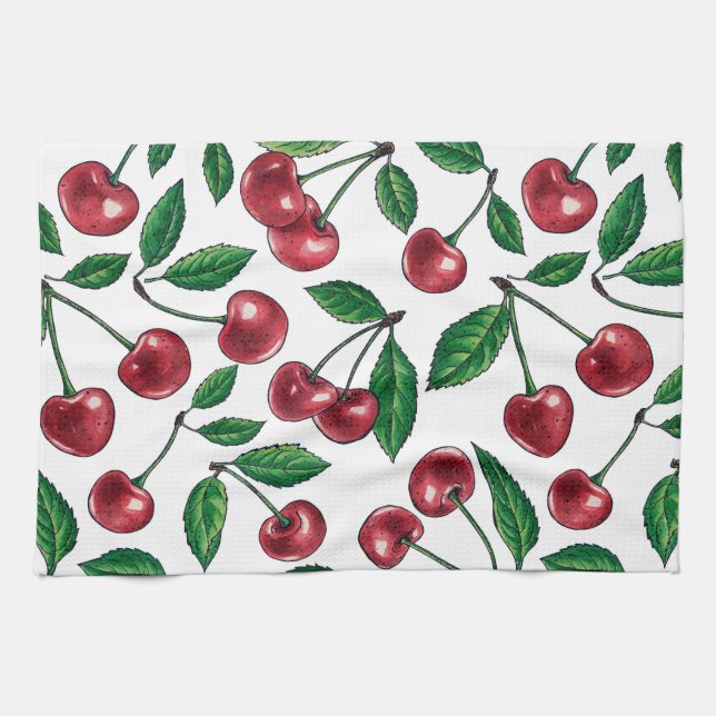 Red cherries on white kitchen towel (Horizontal)