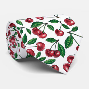 Red cherries on white neck tie
