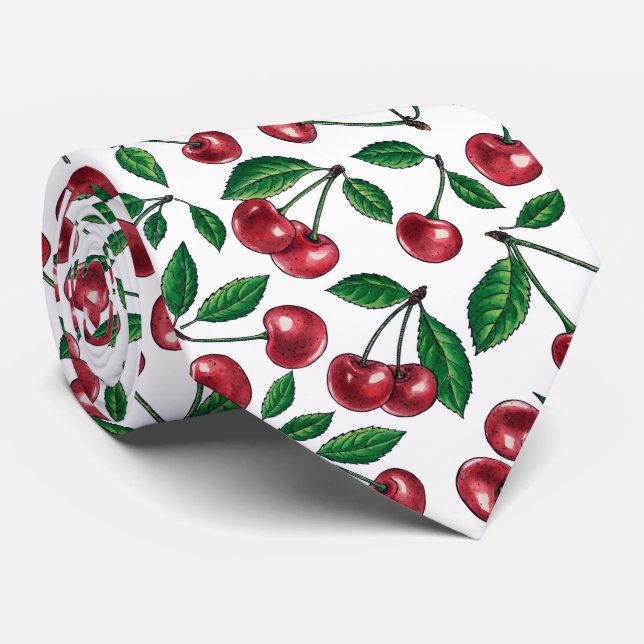 Red cherries on white neck tie (Rolled)