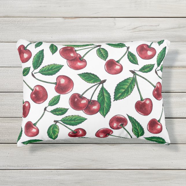 Red cherries on white outdoor pillow (Front)