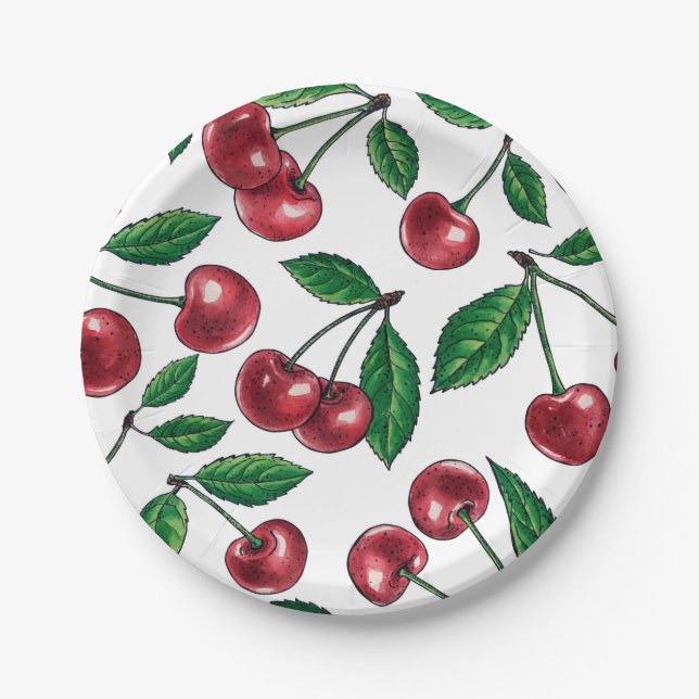 Red cherries on white paper plates (Front)