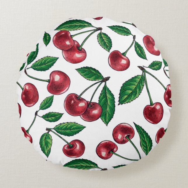 Red cherries on white round pillow (Front)