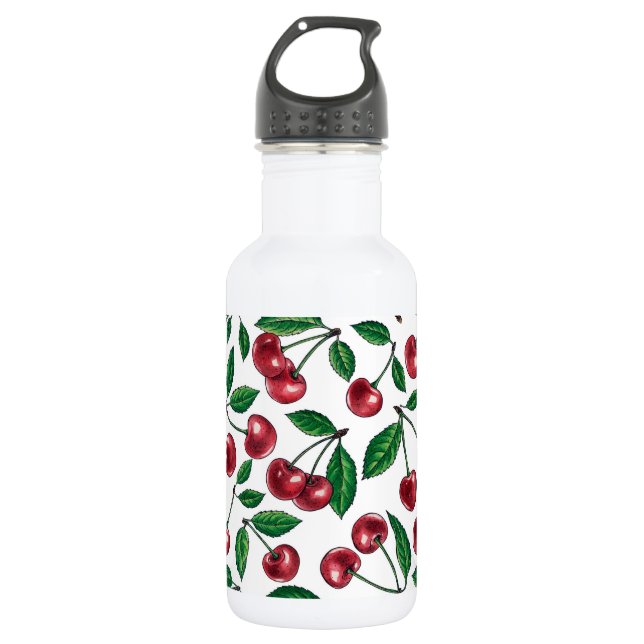 Red cherries on white stainless steel water bottle (Front)