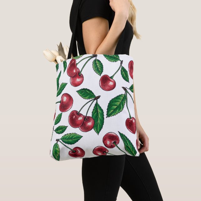 Red cherries on white tote bag (Close Up)