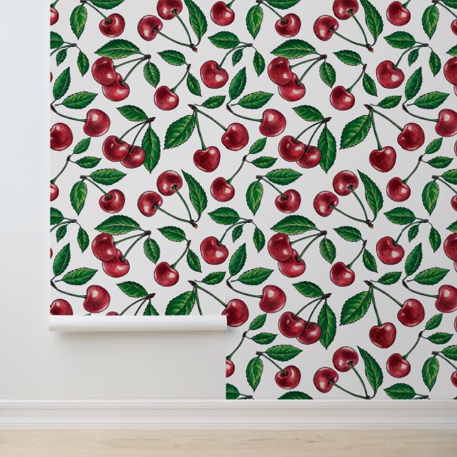 Red cherries on white wallpaper  (Application)