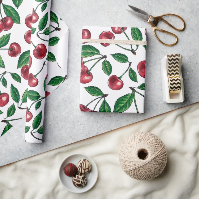 Red cherries on white wrapping paper (Crafts)