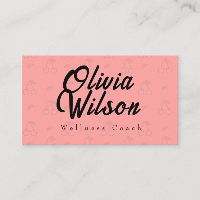 Red Cherries Pattern Background Yoga Coach Business Card (Front)