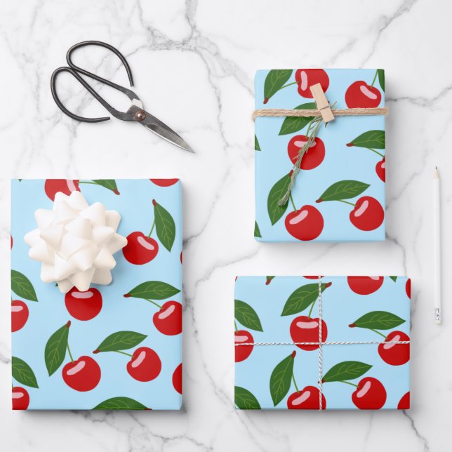 Red Cherries Pattern Wrapping Paper Sheets (Front)