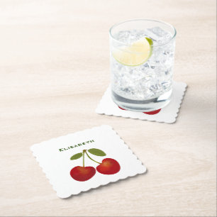 Red Cherries Personalize Custom Name Birthday  Paper Coaster