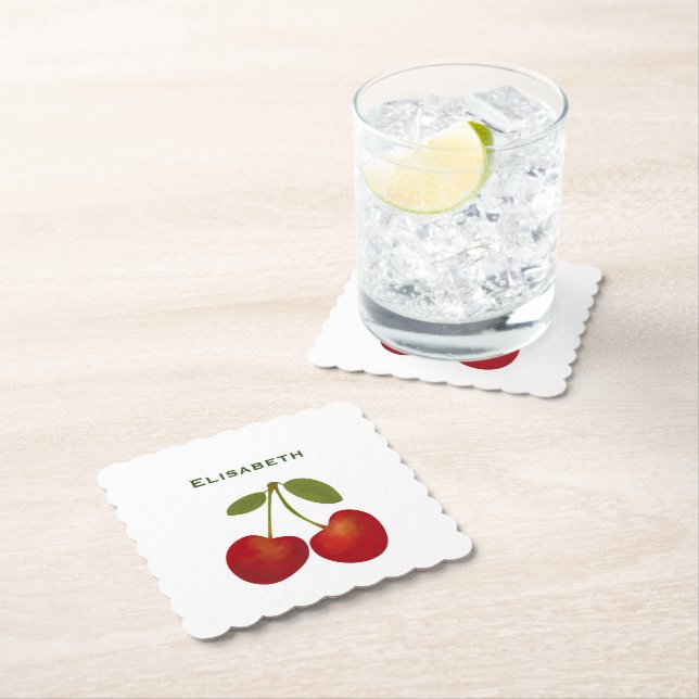 Red Cherries Personalize Custom Name Birthday  Paper Coaster (Insitu)