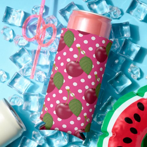 Red Cherries Pink with White Polka Dots Cute Seltzer Can Cooler