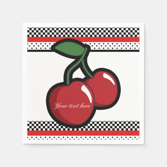 Red Cherries Retro Black & Red Custom Party Paper Napkins (Front)