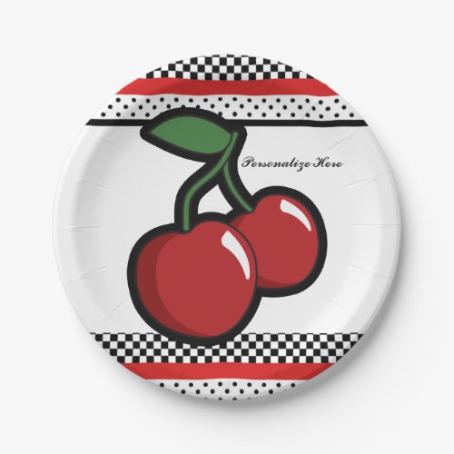 Red Cherries Retro Glam Black  Red Party Paper Plates