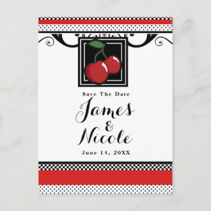 Red Cherries Retro Glam Black & Red Save the Date Announcement Postcard