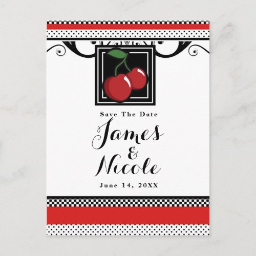 Red Cherries Retro Glam Black  Red Save the Date Announcement Postcard